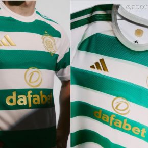 Celtic FC 2026/27 home jersey with gold 60th anniversary crest and white shorts.