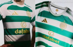 Celtic FC 2026/27 home jersey with gold 60th anniversary crest and white shorts.