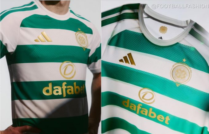 Celtic FC 2026/27 home jersey with gold 60th anniversary crest and white shorts.
