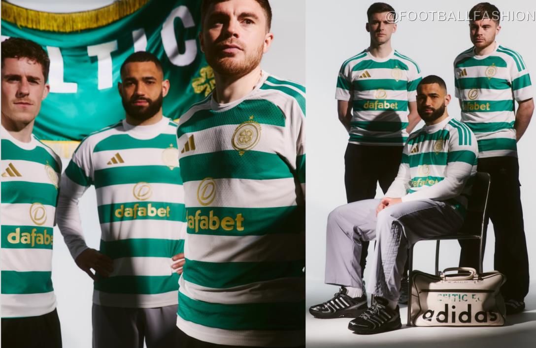 Celtic FC 2026/27 home jersey with gold 60th anniversary crest and white shorts.
