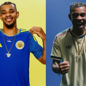 adidas Curaçao World Cup 2026 home and away jerseys, showing the traditional blue kit with wave sleeve graphics alongside the light yellow kit with multicolored stripes.