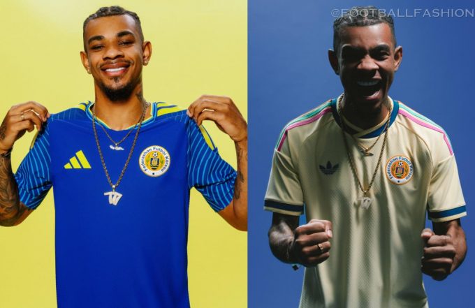 adidas Curaçao World Cup 2026 home and away jerseys, showing the traditional blue kit with wave sleeve graphics alongside the light yellow kit with multicolored stripes.