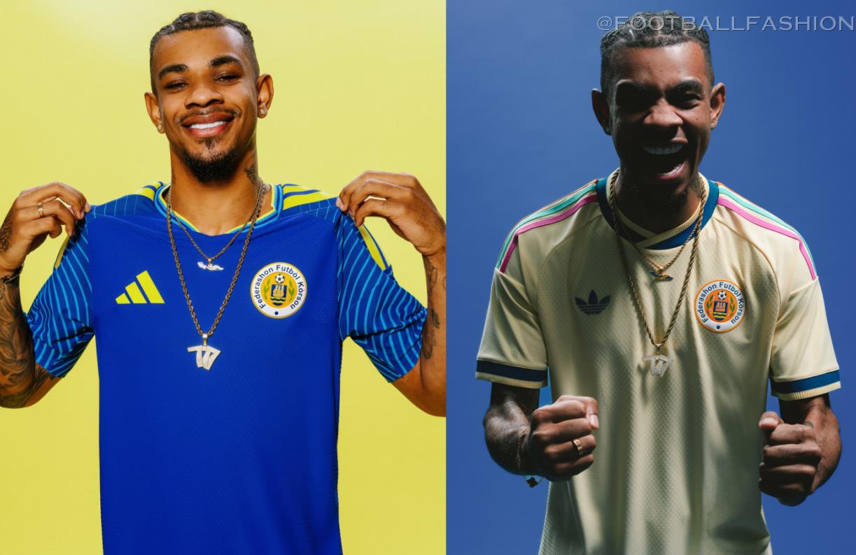 adidas Curaçao World Cup 2026 home and away jerseys, showing the traditional blue kit with wave sleeve graphics alongside the light yellow kit with multicolored stripes.