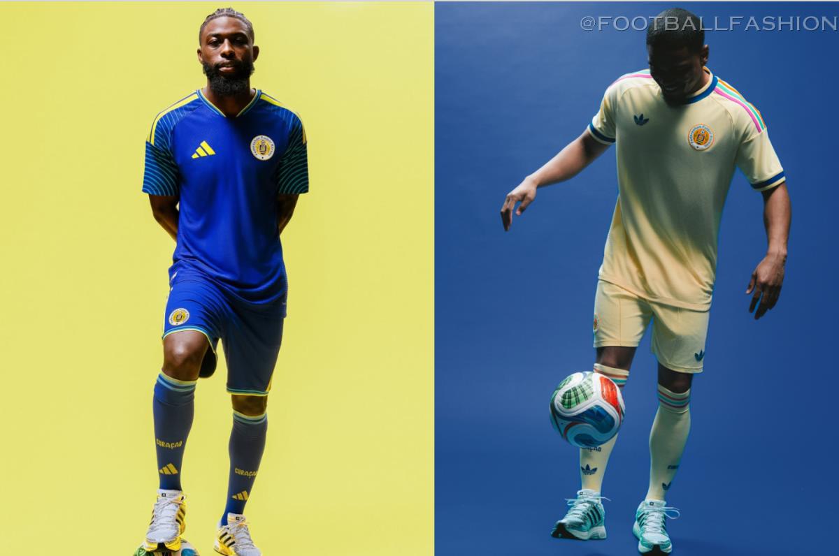 adidas Curaçao World Cup 2026 home and away jerseys, showing the traditional blue kit with wave sleeve graphics alongside the light yellow kit with multicolored stripes.
