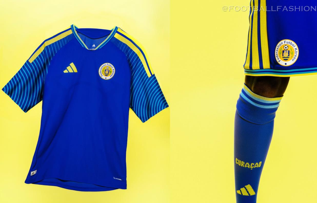 adidas Curaçao World Cup 2026 home and away jerseys, showing the traditional blue kit with wave sleeve graphics alongside the light yellow kit with multicolored stripes.