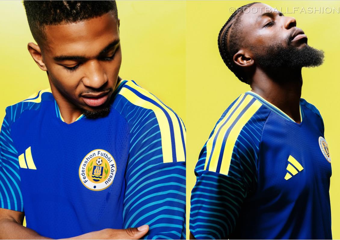 adidas Curaçao World Cup 2026 home and away jerseys, showing the traditional blue kit with wave sleeve graphics alongside the light yellow kit with multicolored stripes.