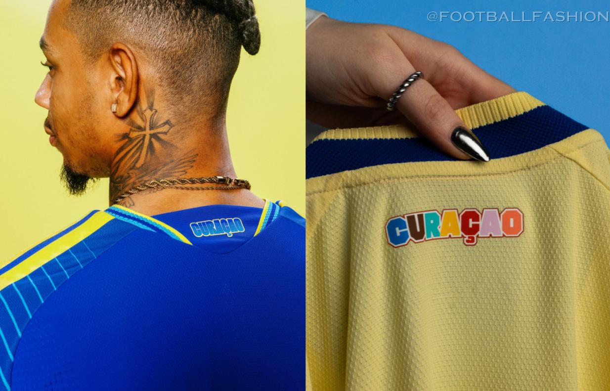 adidas Curaçao World Cup 2026 home and away jerseys, showing the traditional blue kit with wave sleeve graphics alongside the light yellow kit with multicolored stripes.