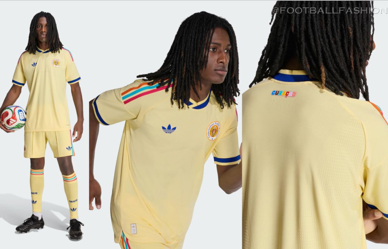 adidas Curaçao World Cup 2026 home and away jerseys, showing the traditional blue kit with wave sleeve graphics alongside the light yellow kit with multicolored stripes.