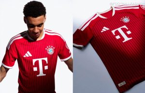 Official FC Bayern 2026/27 home jersey in red and white featuring the special edition cockatoo badge.