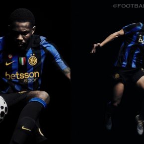 Inter Milan 2026/27 jersey showcasing the black and Lyon blue stripes with University Gold accents and a traditional collar.