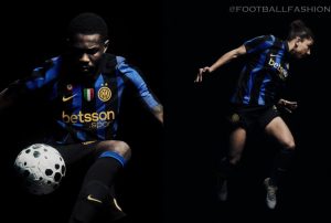 Inter Milan 2026/27 jersey showcasing the black and Lyon blue stripes with University Gold accents and a traditional collar.