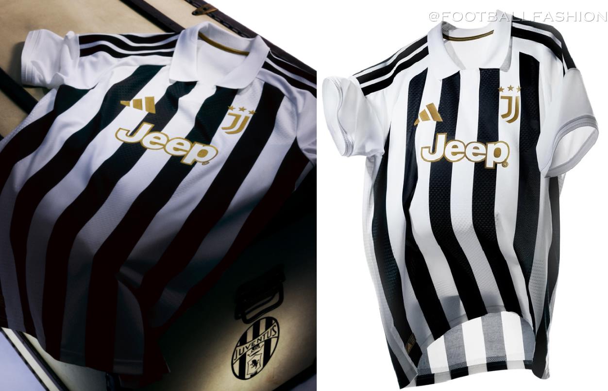 Juventus 2026/27 home jersey featuring geometric black and white vertical stripes and a classic white polo collar with gold crest detailing.