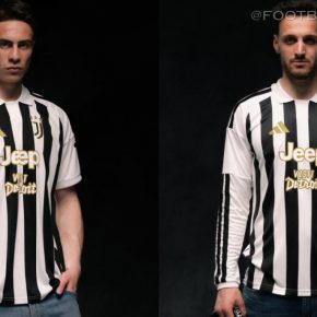 Juventus 2026/27 home jersey featuring geometric black and white vertical stripes and a classic white polo collar with gold crest detailing.