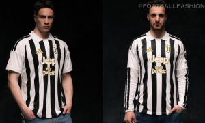 Juventus 2026/27 home jersey featuring geometric black and white vertical stripes and a classic white polo collar with gold crest detailing.