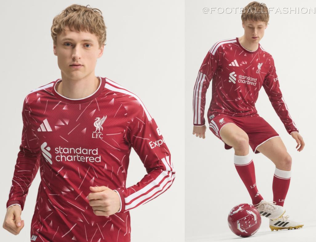 The new red Liverpool 2026/27 jersey by adidas featuring white detailing and geometric patterns
