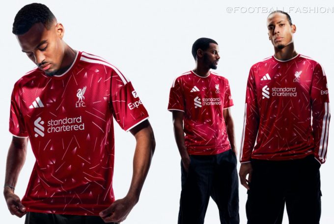 The new red Liverpool 2026/27 jersey by adidas featuring white detailing and geometric patterns
