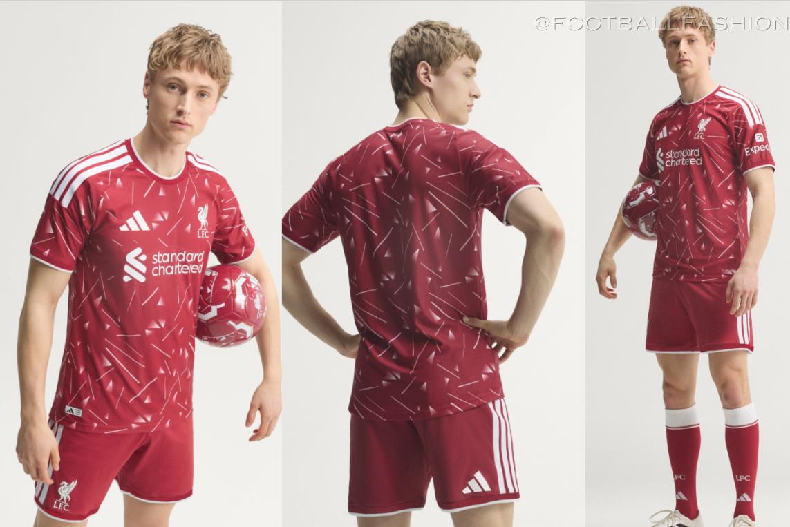 The new red Liverpool 2026/27 jersey by adidas featuring white detailing and geometric patterns