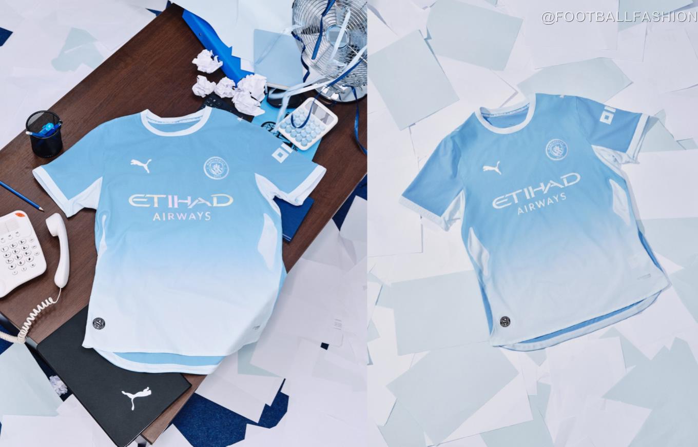 Manchester City 2026/27 jersey home kit featuring a sky blue gradient design and metallic monochrome crest.