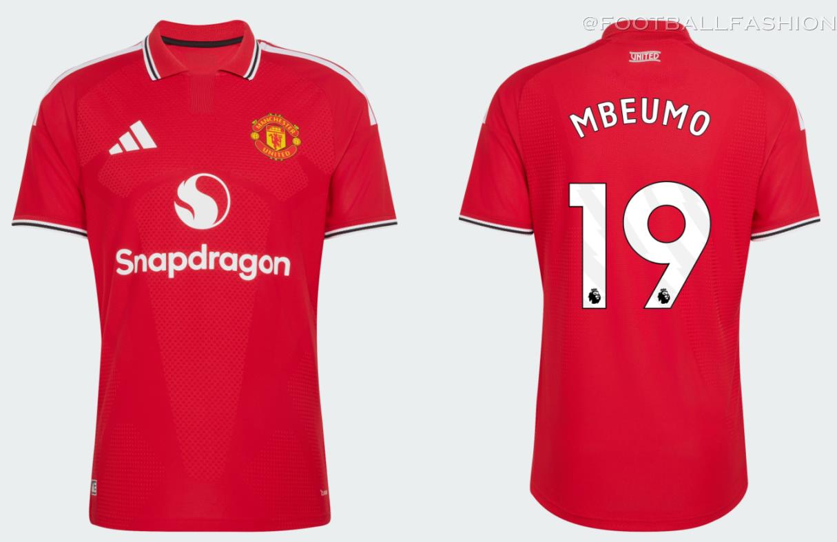 Manchester United 2026/27 jersey featuring a red base with a white polo collar and striped cuffs.