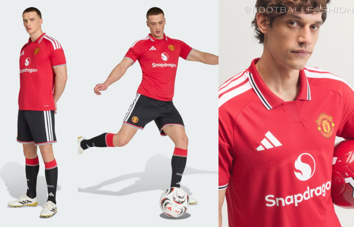 Manchester United 2026/27 jersey featuring a red base with a white polo collar and striped cuffs.