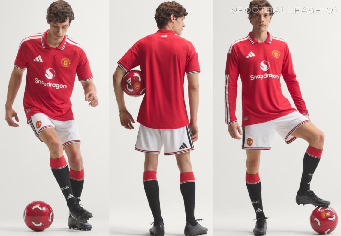 Manchester United 2026/27 jersey featuring a red base with a white polo collar and striped cuffs.