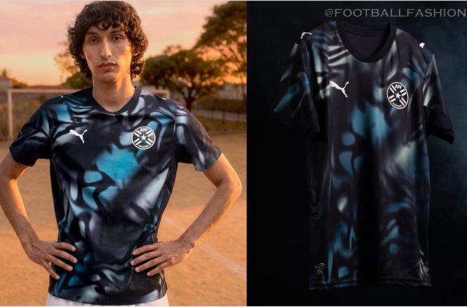 Paraguay World Cup 2026 Jersey away kit by PUMA featuring teal abstract terrain graphics
