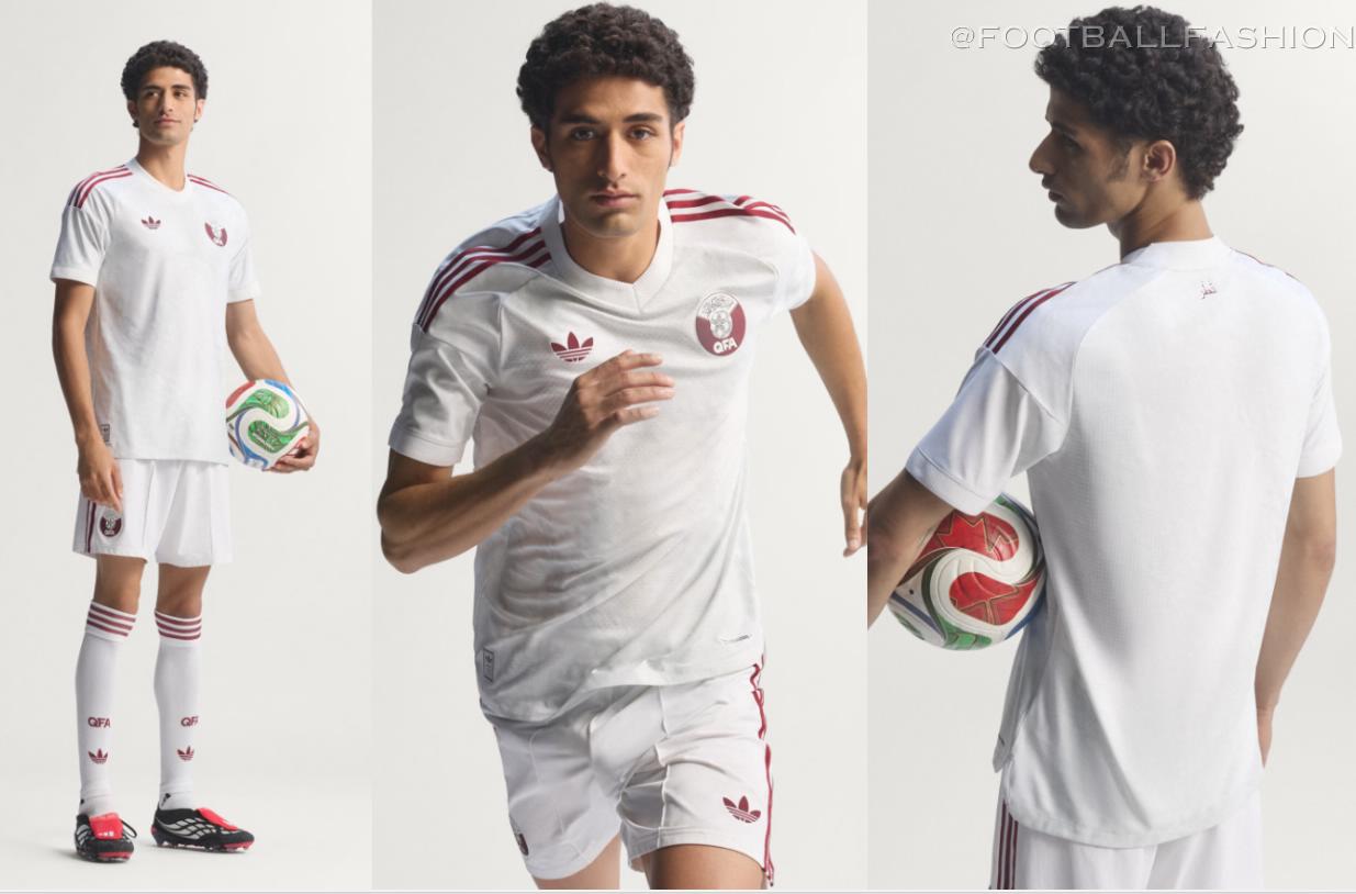 White Qatar World Cup 2026 jersey featuring the maroon adidas Trefoil and QFA crest