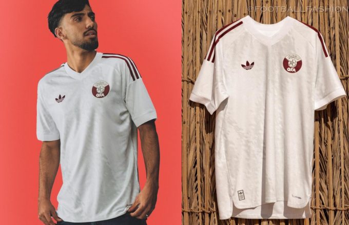 White Qatar World Cup 2026 jersey featuring the maroon adidas Trefoil and QFA crest