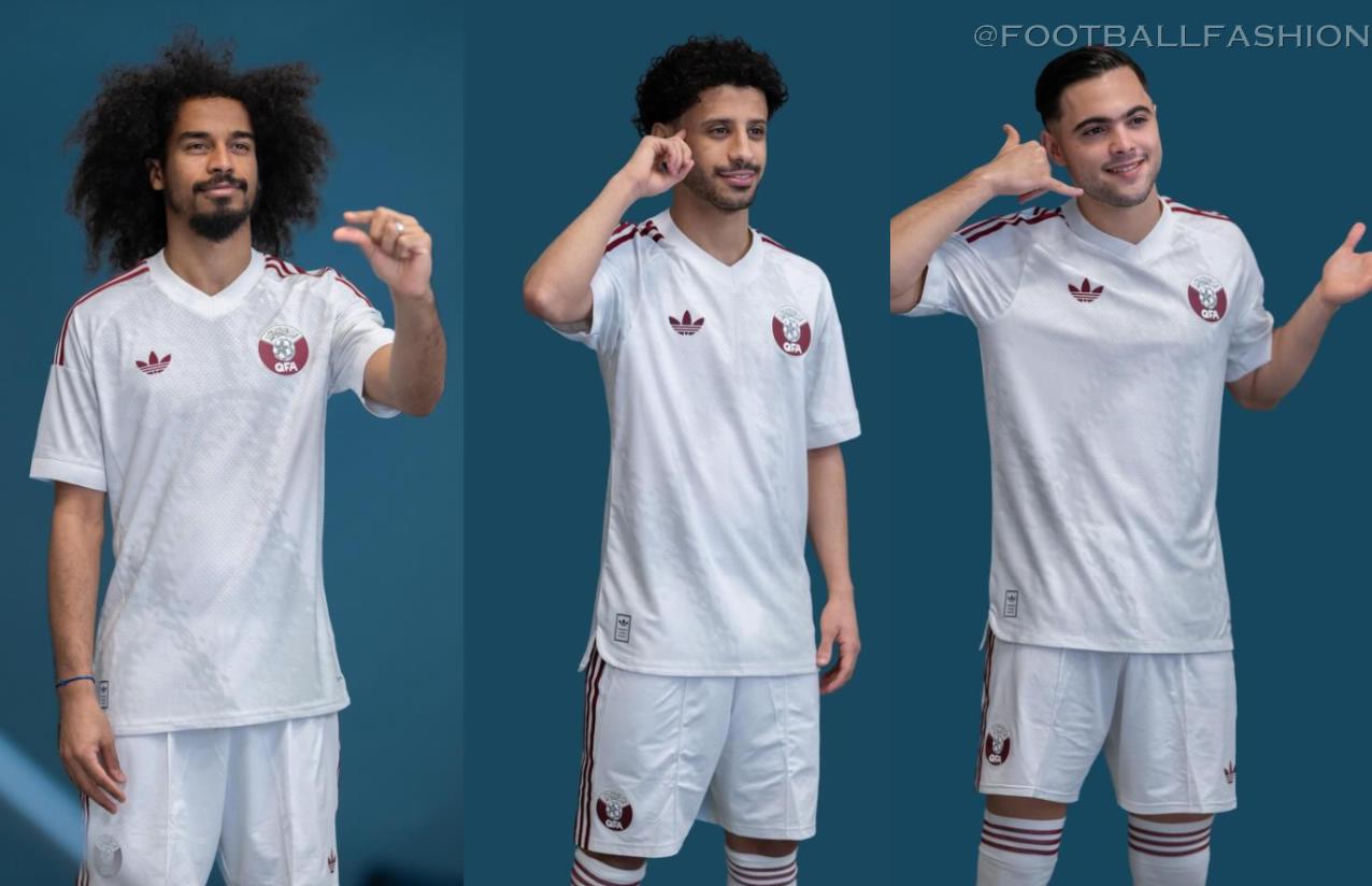 White Qatar World Cup 2026 jersey featuring the maroon adidas Trefoil and QFA crest