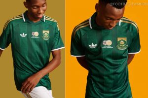 Front view of the dark green South Africa 2026 jersey featuring gold shoulder stripes and a polo collar.