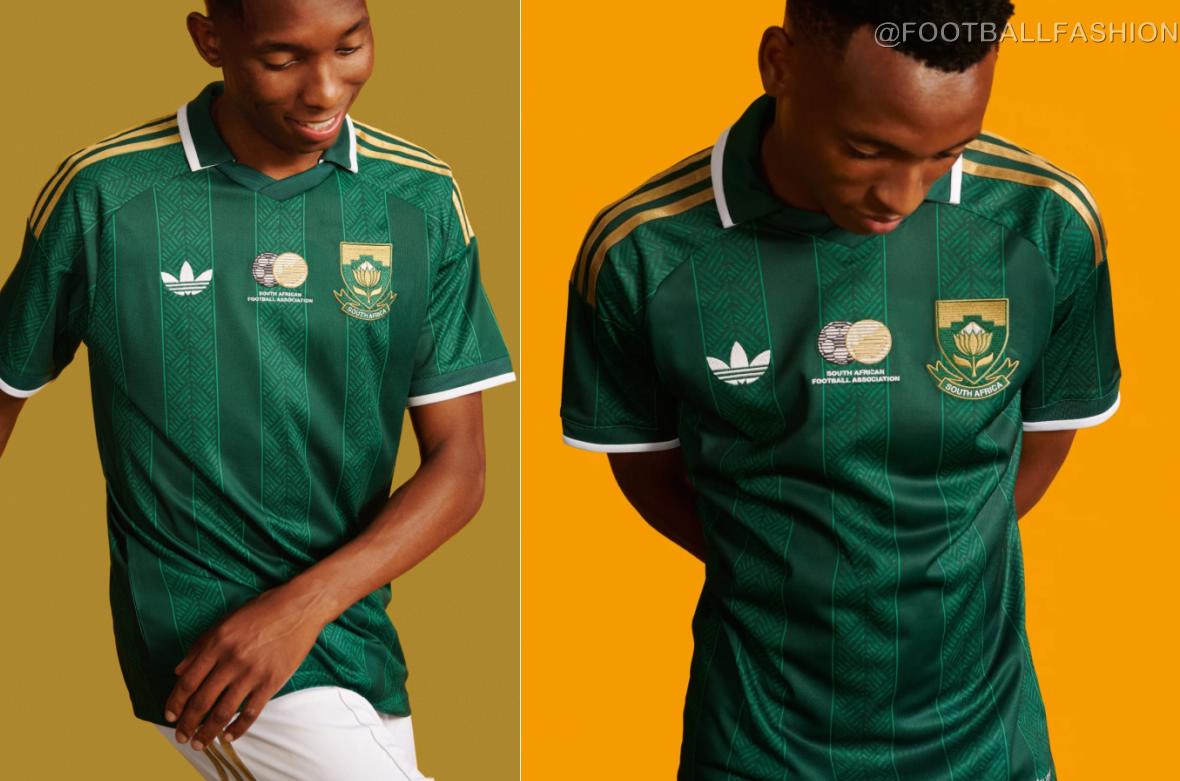 Front view of the dark green South Africa 2026 jersey featuring gold shoulder stripes and a polo collar.