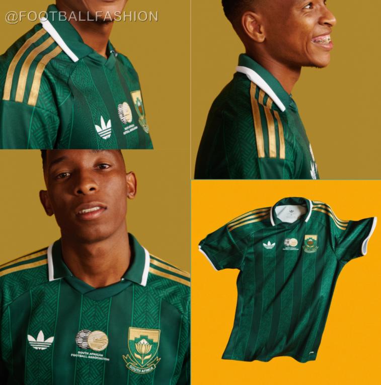 Front view of the dark green South Africa 2026 jersey featuring gold shoulder stripes and a polo collar.