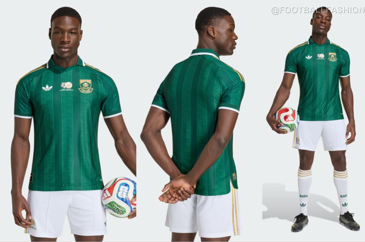 Front view of the dark green South Africa 2026 jersey featuring gold shoulder stripes and a polo collar.