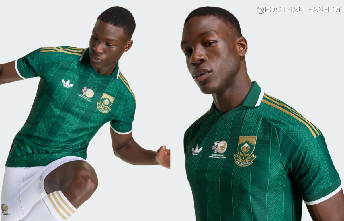 Front view of the dark green South Africa 2026 jersey featuring gold shoulder stripes and a polo collar.