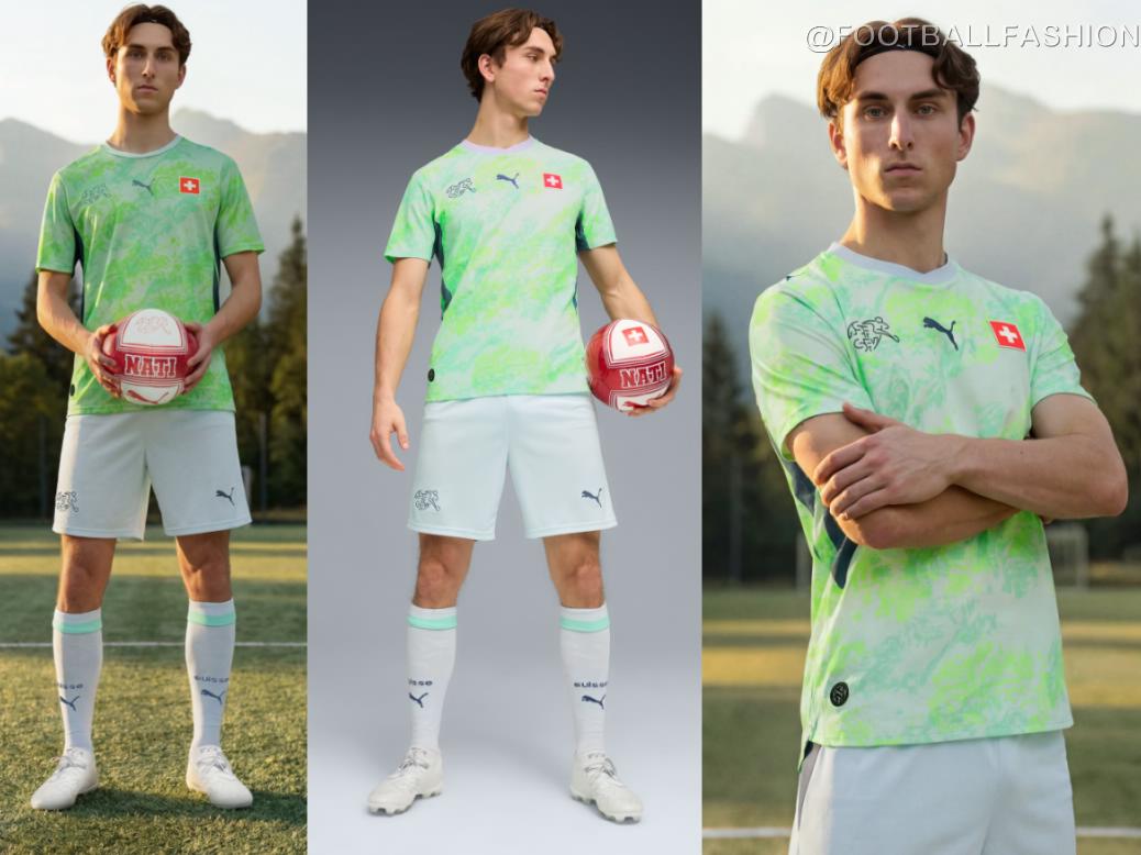 Switzerland 2026 Jersey away kit in Sea Glass and Dark Indigo with topographic pattern and white shorts.