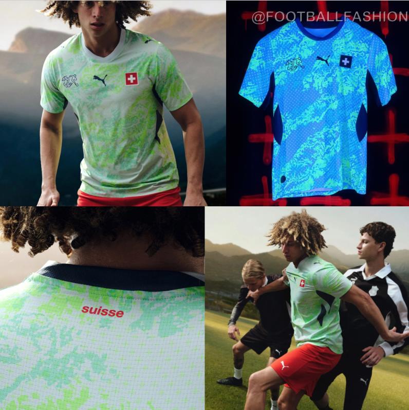 Switzerland 2026 Jersey away kit in Sea Glass and Dark Indigo with topographic pattern and white shorts.