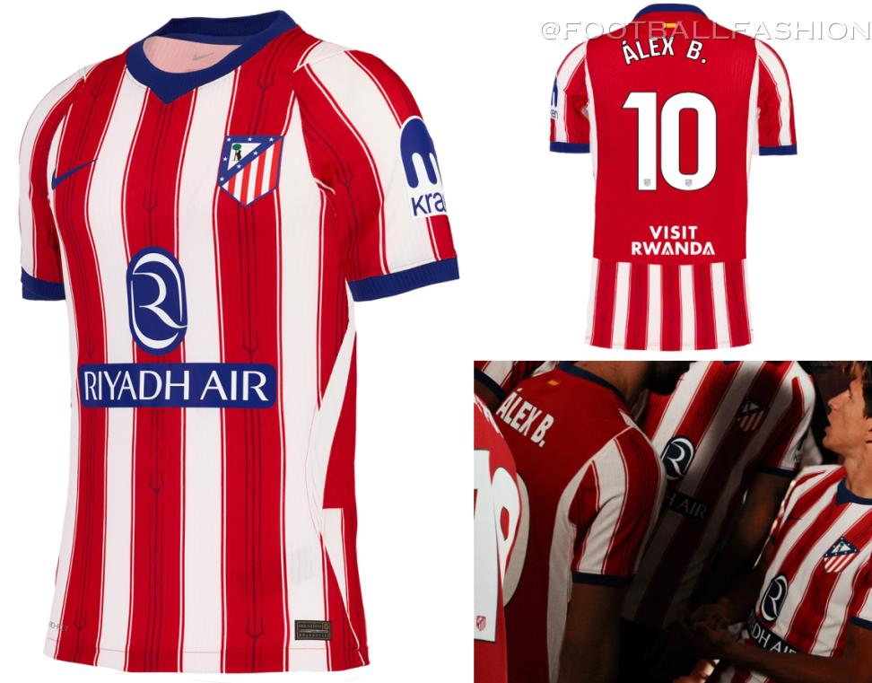 The Nike Atlético de Madrid 2026/27 Jersey home kit featuring traditional red and white stripes with a navy V-neck.