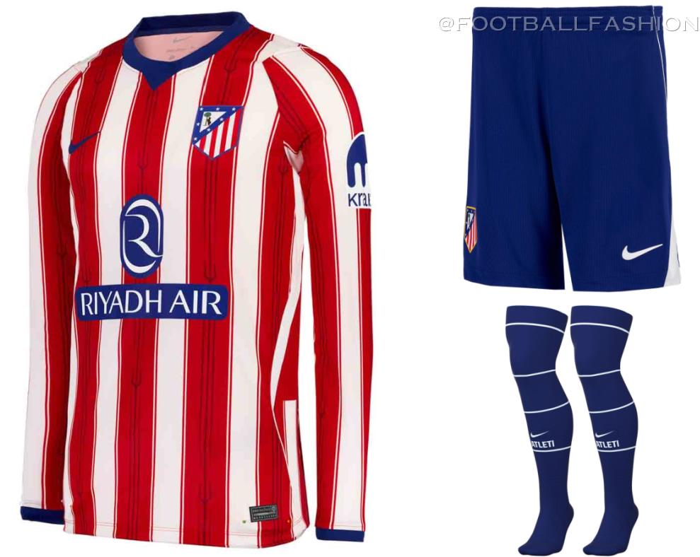 The Nike Atlético de Madrid 2026/27 Jersey home kit featuring traditional red and white stripes with a navy V-neck.