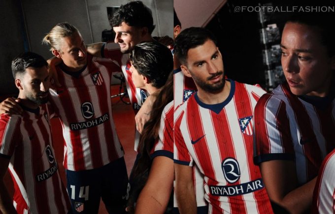 The Nike Atlético de Madrid 2026/27 Jersey home kit featuring traditional red and white stripes with a navy V-neck.