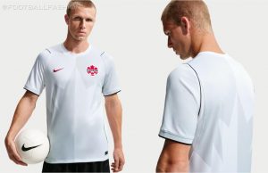 Canada 2026 third kit jersey by Nike in white with a tonal maple leaf graphic and black piping trim.