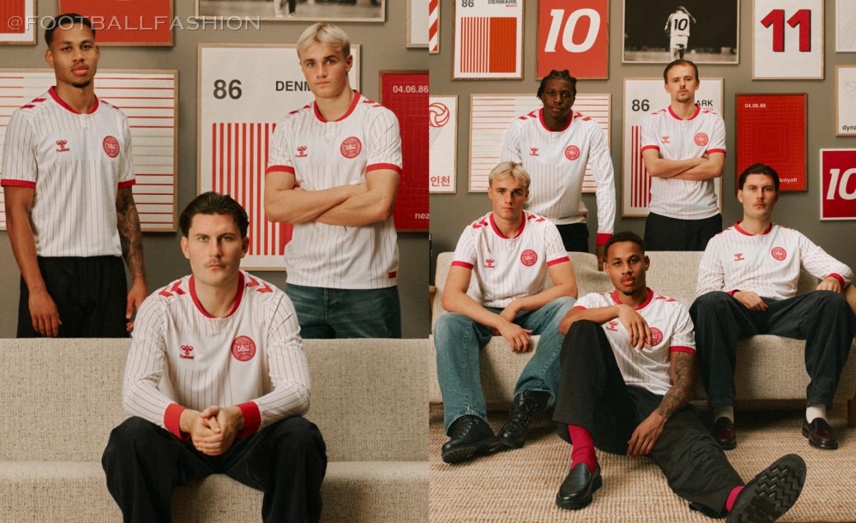 Soccer players modeling the white and red pinstriped Denmark 2026/28 Jersey away kit by hummel.