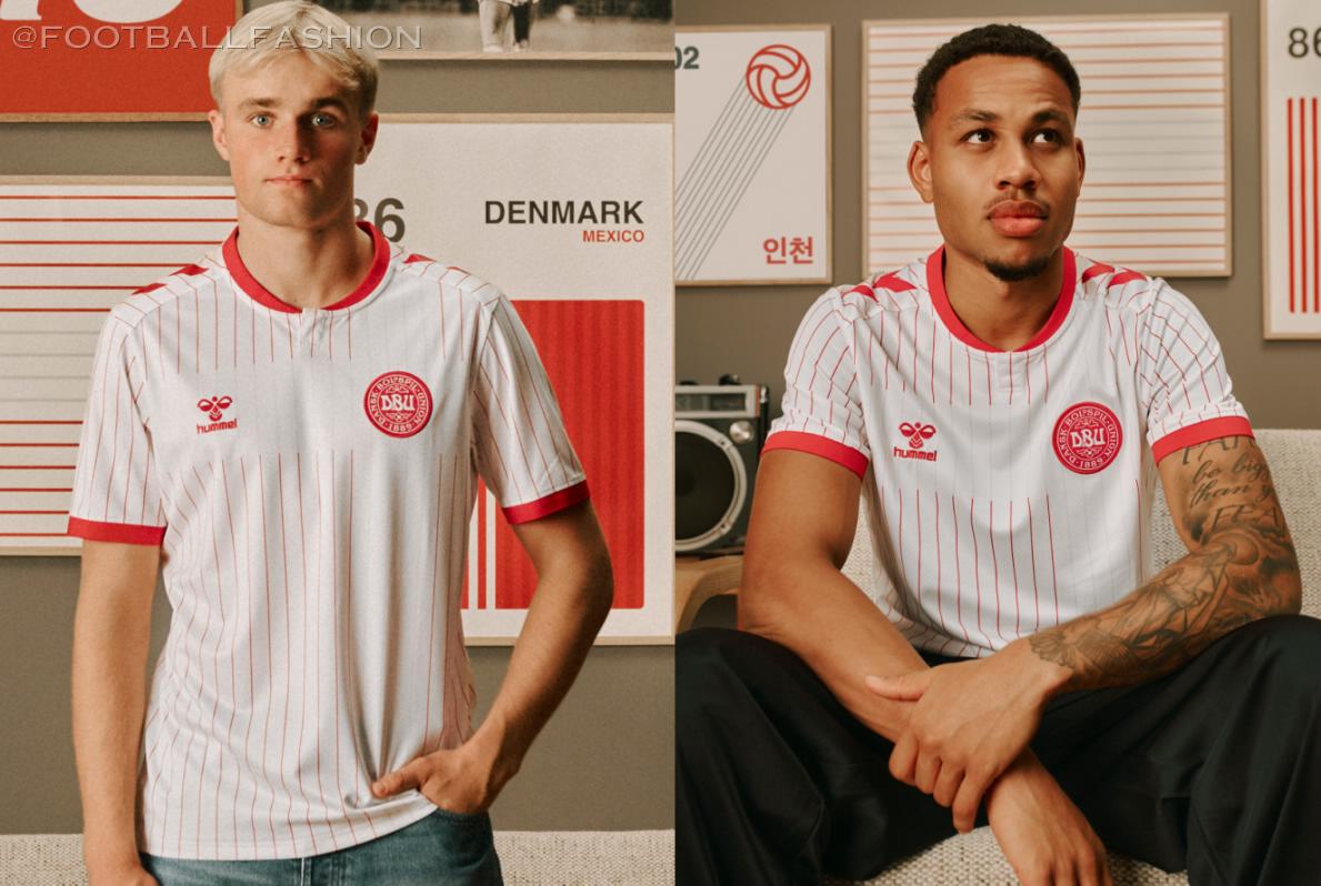 Soccer players modeling the white and red pinstriped Denmark 2026/28 Jersey away kit by hummel.