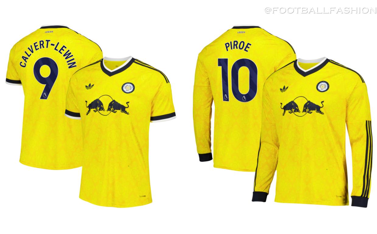 The yellow Leeds United 2026/27 jersey away kit featuring the night navy adidas Trefoil logo and the classic white rose crest.