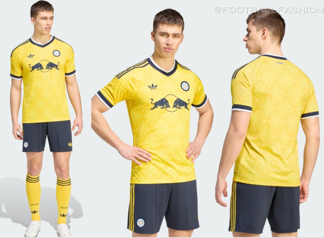 The yellow Leeds United 2026/27 jersey away kit featuring the night navy adidas Trefoil logo and the classic white rose crest.