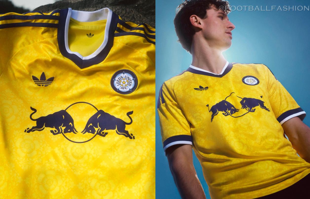 The yellow Leeds United 2026/27 jersey away kit featuring the night navy adidas Trefoil logo and the classic white rose crest.