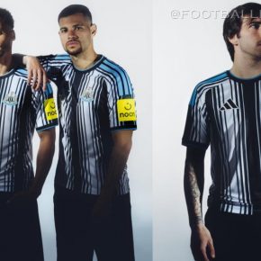 Newcastle United 2026/27 Jersey showing the disrupted black and white stripe pattern and crew neck collar.