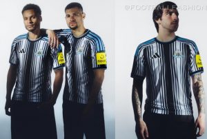 Newcastle United 2026/27 Jersey showing the disrupted black and white stripe pattern and crew neck collar.