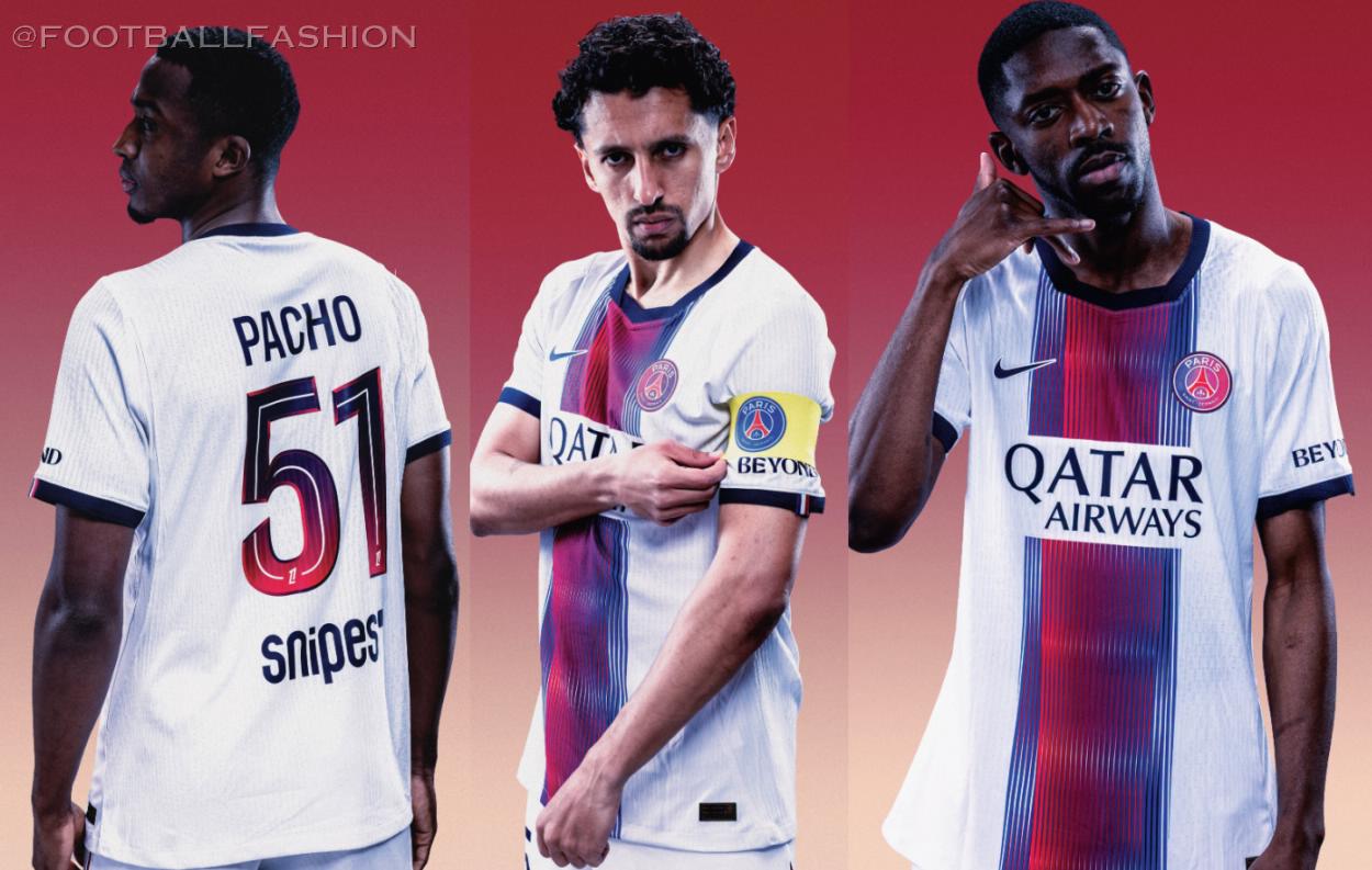 The white Nike Paris Saint-Germain 2026/27 jersey away kit displaying a red and navy blue gradient central pinstripe.
