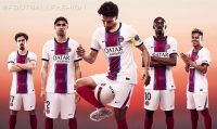 The white Nike Paris Saint-Germain 2026/27 jersey away kit displaying a red and navy blue gradient central pinstripe.