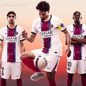 The white Nike Paris Saint-Germain 2026/27 jersey away kit displaying a red and navy blue gradient central pinstripe.